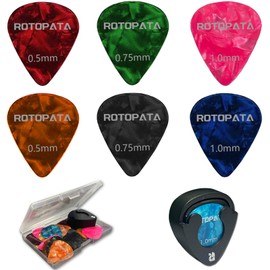 ROTOPATA Guitar Pick Holder With 15 Celluloid Picks (5×0.5mm, 5×0.75mm, 5×1.0mm) and a Clear Storage Box, Black Guitar Pick Case with Adhesive, Stuck on Guitar, Electric, Acoustic, Ukulele, Bass