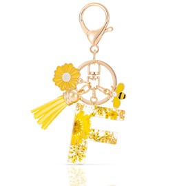MWOOT Letter Keychain Initial Keyring Letter, Alphabet Resin Flower Key Chain with Daisy Bee Tassel Pendant Handbag Purse Charm, Yellow Petal Keyring for Women, Yellow-f