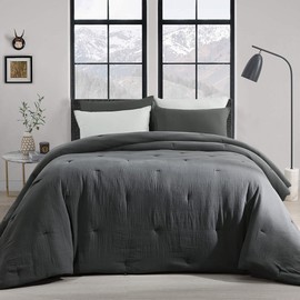 HOMBYS 100% Cotton Muslin Comforter Oversized King 128x120, Lightweight and Breathable Down Alternative Comforter,Soft Gauze Summer Bed Comforter, Dark Grey Reversible Fluffy Duvet Insert
