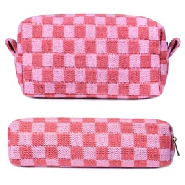Aucuu 2 Pcs Makeup Bag Checkered Cosmetic Bag & Pencil Case, Portable Travel Toiletry Bag with Premium Zipper, Fashion Makeup Storage Bag for Women Girls - Large Capacity (Pink)