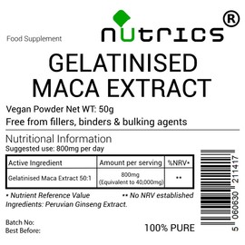 Nutrics® 50:1 GELATINISED MACA Root Extract 50g Powder Peruvian Ginseng Pure 50 Times Stronger Than MACA Powder - No Additives - Nutrics Superfoods