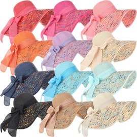 Tigeen 12 PCS Women's Wide Brim Straw Hats Floppy Sun Hat Foldable Multicolor Summer Beach Sun Cap UPF 50+ (Glitter Color)