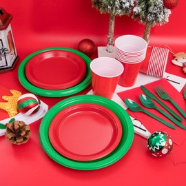 MirthMood 350Pcs Party Set-50-Person Green Dinnerware&Red Table Essentials, Including Green Dinner Plates, Red Dessert Plates, Green Plastic Cutlery, Red Cups and Red Napkins