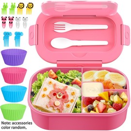 Kid's lunchbox with 4 compartments for girls and boys with cutlery, muffin liners, microwave, dishwasher and fridge safe - Color: Pink