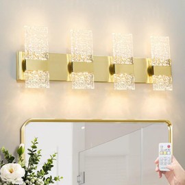 Gold Vanity Lights Fixtures for Bathroom, LED Crystal Wall Light Over Mirror, 8-Lights Brushed Brass Dimmable Wall Sconce for Bathroom Lighting Fixture, Acrylic Hardwired Wall Lamp(H9.25in, L28.35in)