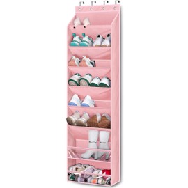 KEETDY Over The Door Shoe Organizer Fit 20 Pairs Sneakers Large Hanging Shoe Organizer for Closet Door Storage Boots, Pink