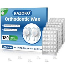 RAZOKO Cera para ortodoncia: 180 puntos de cera dental, envoltorios individuales higiénicos, fuerte adhesión para brackets y alambres, sin sabor.