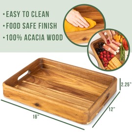 Acacia Wooden Serving Trays with Handles for Eating, Appetizers, Food, Snacks, or Home Decor, Large Wood Bed Tray or TV Tray, Decorative Ottoman or Coffee Table Accessory, 16x12 inch, Set of 1