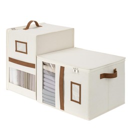 StorageWorks 2-Pack Bed Sheet Organizers and Storage, Foldable Bedsheet Holder for Linen Closet, Bedding Container with Handle, Beige, 15" D x 12¾"W x 10" H