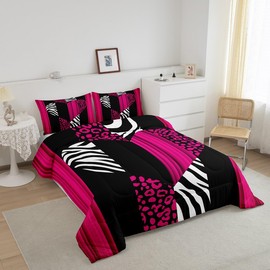 Feelyou Leopard Comforter Set Full Size Kids Cheetah Animal Print Comforter for Teens Safari Zebra Bedding Set Breathable Hot Pink Sweetheart Geometry Duvet Set Room Decor Quilt Set