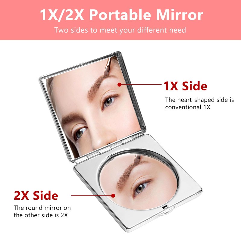 HAPUTDY Mini espejo de maquillaje elegante, portátil 1X/2X lupa (plata)
