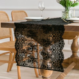 Black Lace Table Runner 16 x90 inches, Embroidered Black Lace Runner for End Table Coffee Table Buffet, Black Lace Doilies Dresser Runner Scarf, Vintage Black Table Decoration for Holidays Party