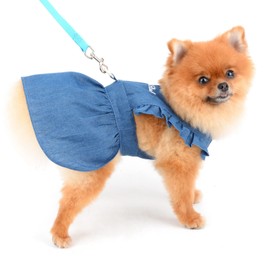 SMALLLEE_LUCKY_STORE Dog Denim Harness Dress, Ruffles Puppy Princess Dress for Small Medium Dog Cat Girls Adjustable Pet Jean Skirt with D-Ring Female Dog Clothes Summer Apparel,Dark Blue,M