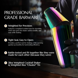 Bull in China 2-Piece Cocktail Shaker Rainbow Chrome – 28 oz Weighted Shaker & 18oz Weighted Cheater Tin, Professional Grade Bar Shaker, Premium Cocktail Shaker Set for Professional & Home Bartenders