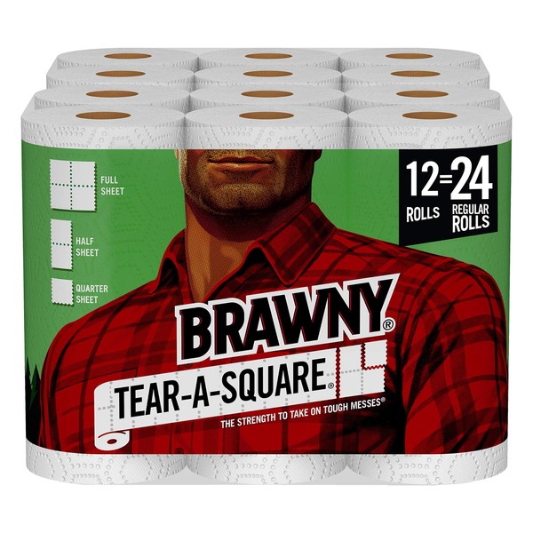 Brawny Tear-A-Square Paper Towels, 12 Double Rolls = 24 Regular Rolls, 3 Sheet Size Options, Quarter Size Sheets