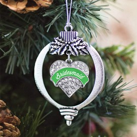 Inspired Silver - Emerald Green Bridesmaid - Silver Christmas Ornament - Pave Heart Charm Christmas Tree Ornament with Cubic Zirconia - Holiday Hanging Decoration