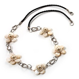 Avalaya Romantic White Shell Floral Leather Cord Necklace - 62cm Length