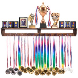 Lavievert Gymnastic Medal Hanger with Storage Shelf, Wooden Wall-Mounted Trophy Shelf, Race Medal Display Rack Holder with 23 Hanging Bars - Brown