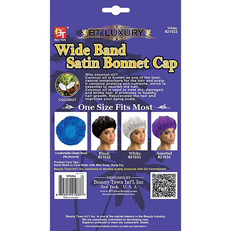 Beauty Town Luxury Wide Band Satin Bonnet Cap (White) by