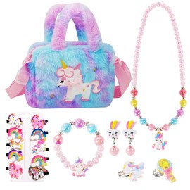 VGMANNTA Unicorn Gifts for Girls 16PCS Girls Jewellery with Unicorn Girls Bag Kids Jewellery Sets for Girls Unicorn Bag Princess Dress Up Party Favors Girls Gifts Little Girl Gifts-Purple