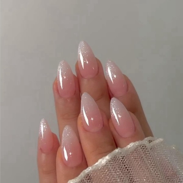 Glitter Ombre Pink False Nails Medium Almond, SXVME Bling French