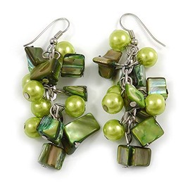 Salad Green Glass Bead, Forest Green Shell Nugget Cluster Dangle Earrings/Silver Tone/ 60mm Drop