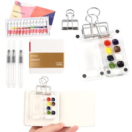 Mini Watercolour Travel Set, Sketchbook Palette Set 8 Grids, Portable Acrylic Painting Palette, Painting Box, Sketchbook Palette for Artists, Students, with Watercolour Paper Journal, Watercolour