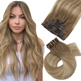 Moresoo Clip-In Real Hair Extensions, Remy Hair Extensions, Light Brown with Golden Blonde, Balayage, Clip-In Extensions, Human Hair, Straight, Thick Hair, 7 Pieces, 120 g, 45 cm, Double Wefts,