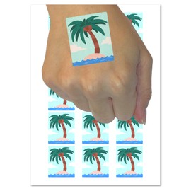 Palm Tree on Tropical Island Temporary Tattoo Water Resistant Fake Body Art Set Collection - 54 1" Tattoos (1 Sheet)