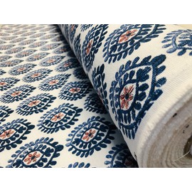 LushFabric Floral Aztec Spanish Geometric Diamond Flower Tile Fabric Cotton Panama Curtain Upholstery Material - 140cm Wide - Blue & Red (1 Metre)