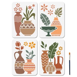 MAYJOYDIY 4 Styles Boho Vase Stencils Bohemian Flower Template 11.7x8.3nch Reusable Tropical Leaves Stencil with Paint Brush Potted Plants Template for Wood Wall Window DIY Craft