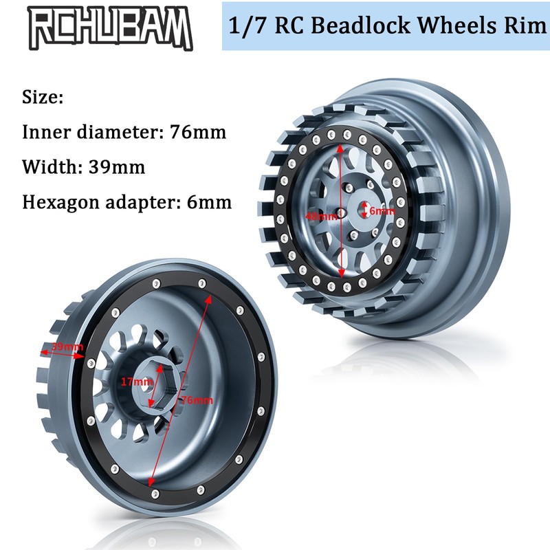 RCHUBAM 1/7 RC Beadlock Wheels Rim 4PCS RC Rock Crawler