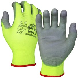 WOLF High-Viz Green Ultra-Thin PU Palm Coated Work Glove, Indoor/Outdoor, Construction, Maintenance, Gardening, Mechanic, Warehouse, Multi-Purpose, Flexible Grip, Large (Pack of 12)