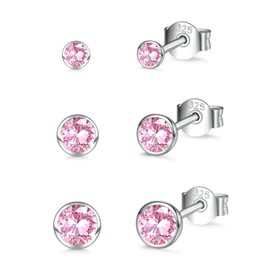 Sterling Silver Stud Earrings for Women Men Girls, 3 Pairs Small Pink Cubic Zirconia Stud Earrings Set, Hypoallergenic Tiny Sleeper Cartilage Tragus Earring Multiple Pirercings Kids Gifts, 2/3/4mm