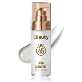 Body Glow Oil, SPF 45 Broad Spectrum,Sunscreen Shimmer Body Oil with Coconut Oils,Long Lasting Luminizer for Body & Face, Highlighter Illuminator body Makeup (Diamond Platinum, 30ML)
