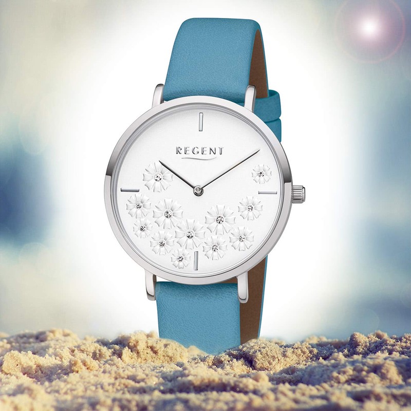REGENT Ladies Watch 36 mm with Flower Design Dial Silver/Turquoise