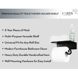RTZEN Bathroom Toilet Paper Holder with Shelf - Handcrafted Rustic Wrought Iron Wall Decor Toilet Roll Holder - Black Matte Wall Mount Bar for Modern Farmhouse Bathroom Decor