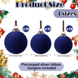 Foilswirl 36 Pcs Velvet Christmas Balls Bulk - Flocked Christmas Tree Ball Ornaments Hanging Decoration for Xmas Tree, Wreath, Home or Party Decorations, 2.36", 2.76", 3.15"(Navy Blue)