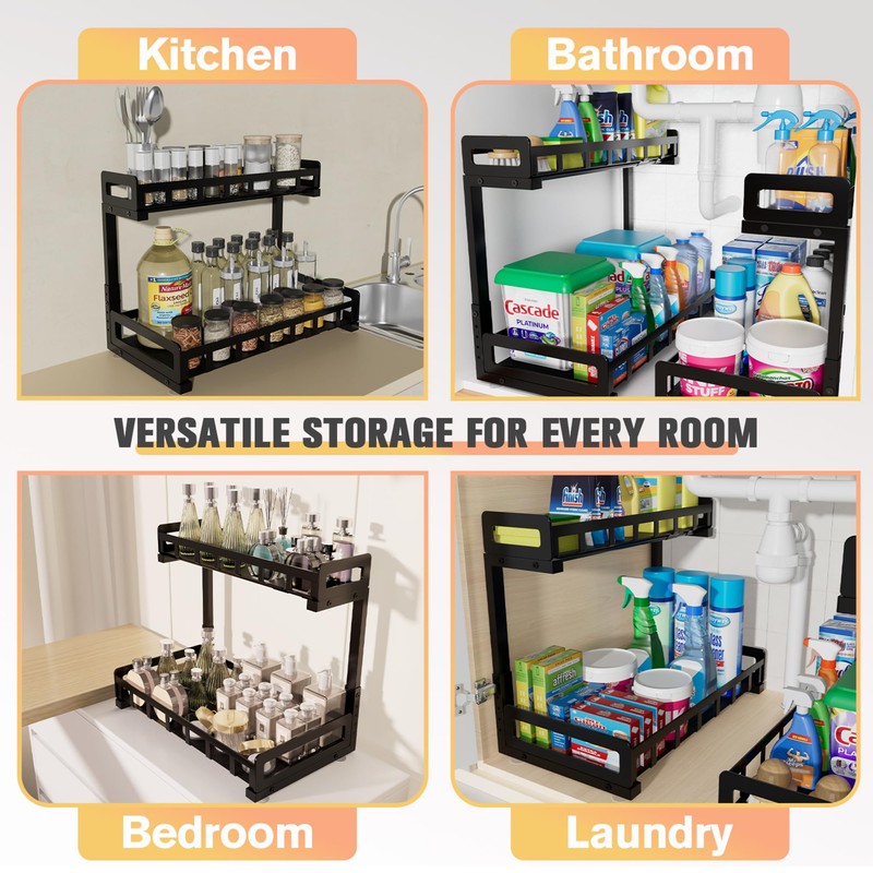 Under Sink Organizer, Metal Large Capacity 2-Tier Sliding Cabinet Storage