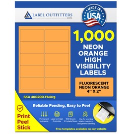 1,000 Label Outfitters 4 x 2 inches Printable Fluorescent Neon Orange High Visibility Labels for Inventory Control, Storage Signs, and More, 100 Sheets