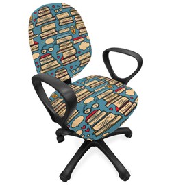 Ambesonne Geek Office Chair Slipcover, Repeating Pattern with Stack of Books Combined with Hearts Coffee and Nerd Glasses, Decorative Stretch and Washable Fabric Cover, Standard Size, Multicolor Cream