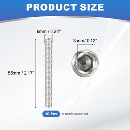 PATIKIL 10 Pcs Hex Socket Grub Screw, M6x55mm Flat Point Grub Bolt 304 Stainless Steel Head Socket Set Screws for Door Handles Light Fixture Repair