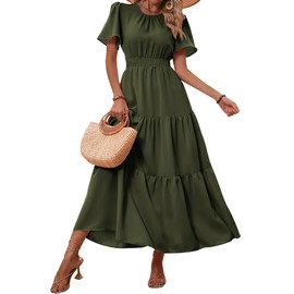 PRETTYGARDEN Womens Dresses Cute Short Sleeve Crewneck Solid Color Tiered Dress Fashion Summer Outfits 2025(Solid Army Green,X-Large)