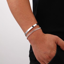 P.BLAKE 2 Pcs Stack Silver Bracelets for Men, 925 Sterling Silver Bangle Cuff Link Cuban Chain Bracelet Set Mens Jewelry Gifts Male Him Pulseras Para Hombres