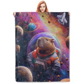 Vanzev Space Capybara Astronaut Flannel Blanket,Cosmic Planets and Rainbow Soft Lightweight Throw Blankets Gifts for Women Animal Lovers,50" x 40" Perfect for Couch Bed Home Travel Decor