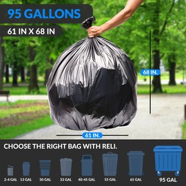Reli. 95-96 Gallon Trash Bags Heavy Duty | 68 Bags | Extra Large 90, 95, 96, 100 Gallon Can Liners | Black | Huge/Big Trash Bags | Made in USA