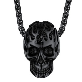 Mens Women Gothic Retro Flame Skull Black Stainless Steel Pendant Necklace