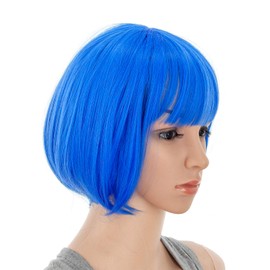 SWACC 10 Inch Short Straight Bob Wig with Bangs Synthetic Colorful Cosplay Daily Party Flapper Wig for Women with Wig Cap (Blue)