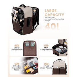LOVEVOOK Travel Backpack for Women, TSA Carry On Backpack Flight Approved Luggage, 40L Water Resistant Personal Item Daypack Large Weekender Bag fit 17 inch Laptop with 3 Cubes, Apricot-coffee-black