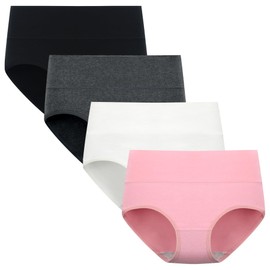 POPKOK Womens Underwear Cotton Briefs High Waisted Postpartum Panties 4 Pack(X-Small, Black/Dark Hemp Grey/White/Pink)